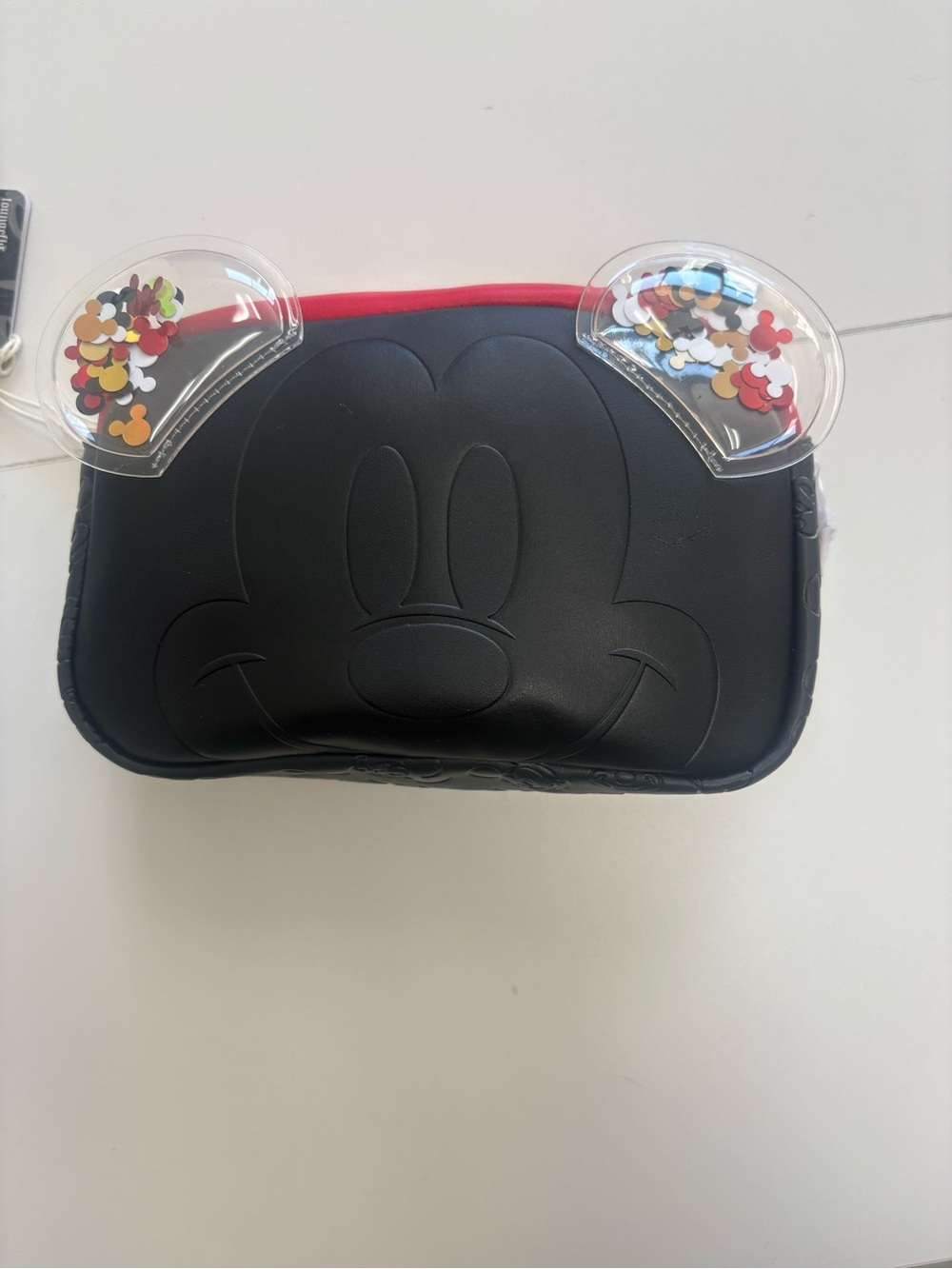 Loungefly Black Mickey Face Crossbody with Clear Confetti Ears and Red Trim